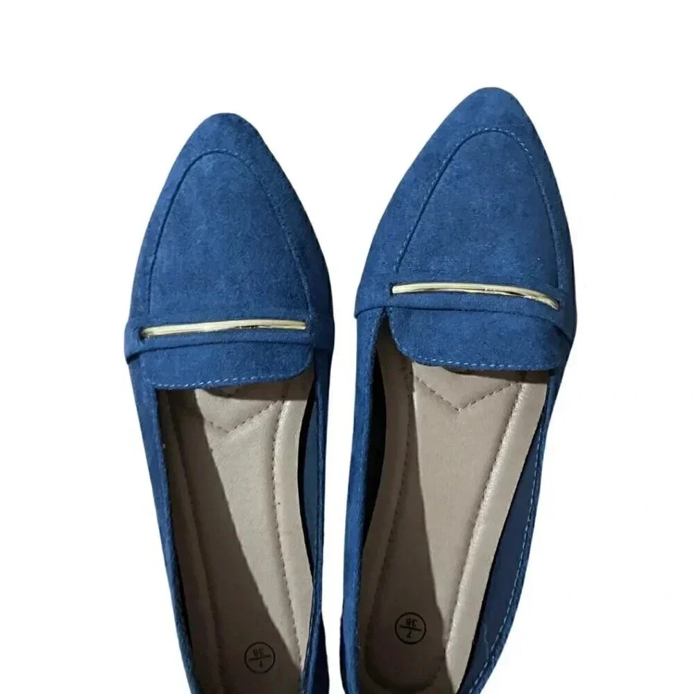Obtaom Women's Pointy Toe Loafer Flats - Size 38 - Blue Faux Suede